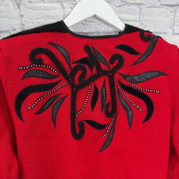 Vintage Eugenia Wrap Front Wool Blend Sweater Size L Red Black Beaded 80s Womens - Picture 7 of 7